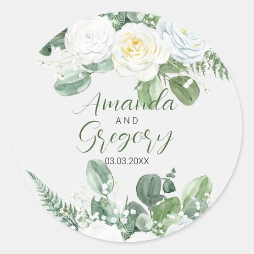 Elegant White Roses  Greenery  Classic Round Sticker