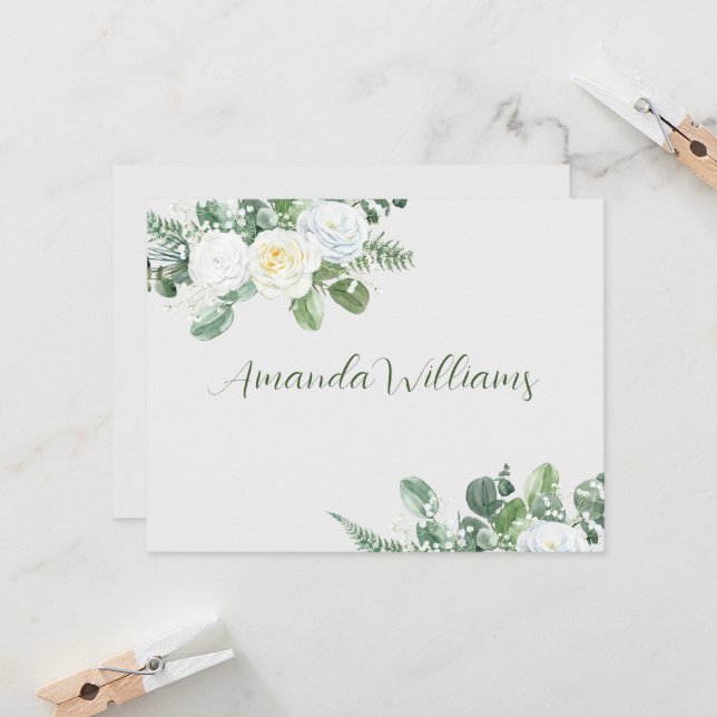 Elegant White Roses & Greenery Escort Card (Front/Back In Situ)