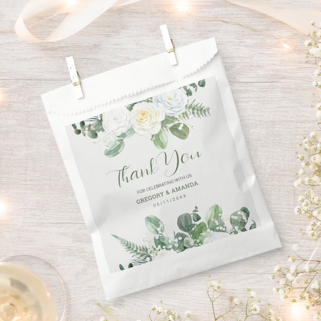 Elegant White Roses & Greenery  Favor Bag (Clipped)