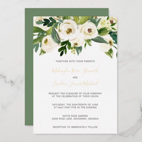 Elegant White Roses Greenery Floral Wedding Gold Foil Invitation