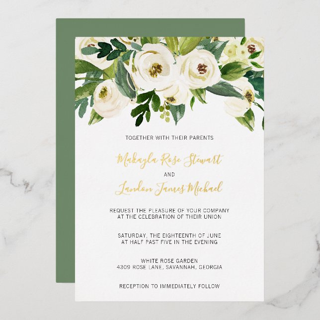 Elegant White Roses Greenery Floral Wedding Gold Foil Invitation (Front/Back)