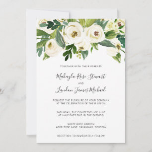 Elegant White Roses Greenery Floral Wedding Invitation