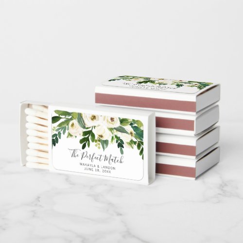 Elegant White Roses Greenery Floral Wedding Matchboxes