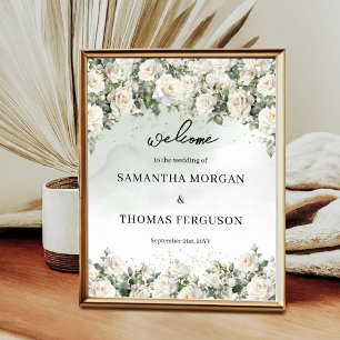 Elegant White Roses Greenery gold wedding welcome Poster