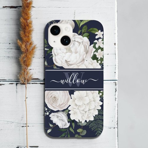 Elegant White Roses Greenery Navy Blue Monogram Case_Mate iPhone 14 Case