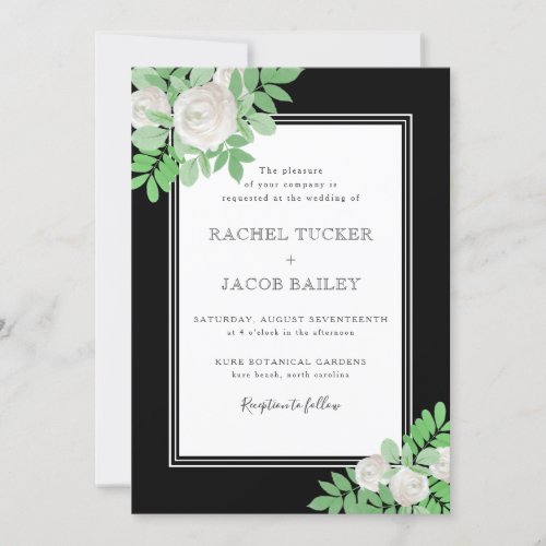 Elegant White Roses  Greenery on Black Wedding Invitation