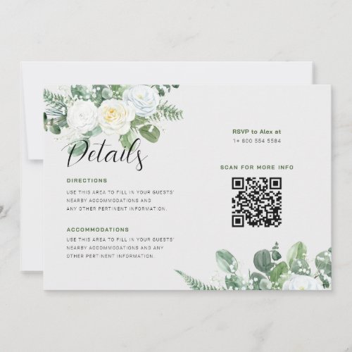 Elegant White Roses  Greenery Wedding Details Invitation