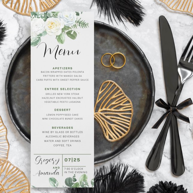 Elegant White Roses & Greenery Wedding Menu Invitation (Creator Uploaded)