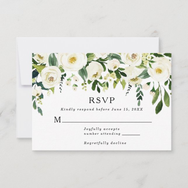 Elegant White Roses Greenery Wedding Response Card (Front)