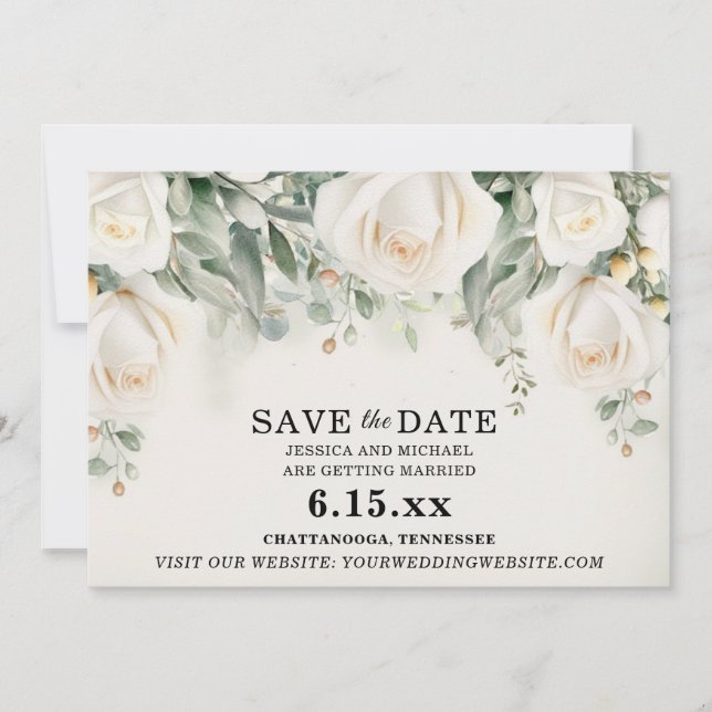 Elegant White Roses Greenery Wedding Save The Date (Front)