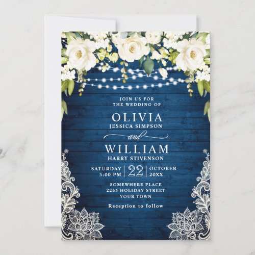 Elegant White Roses Lace Rustic Blue Wood Wedding Invitation