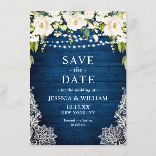 Elegant White Roses Lace Rustic Blue Wood Wedding Save The Date