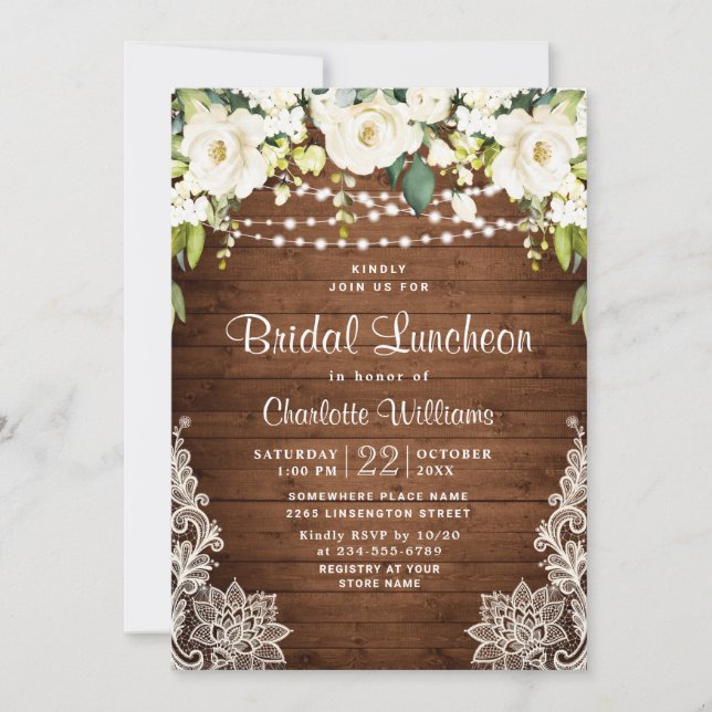 Elegant White Roses Lace Rustic Bridal Luncheon Invitation (Front)