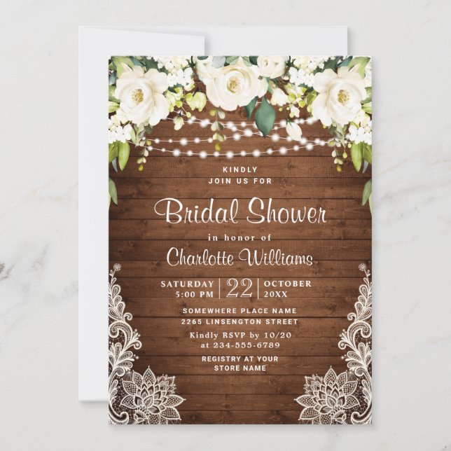 Elegant White Roses Lace Rustic Bridal Shower Invitation (Front)