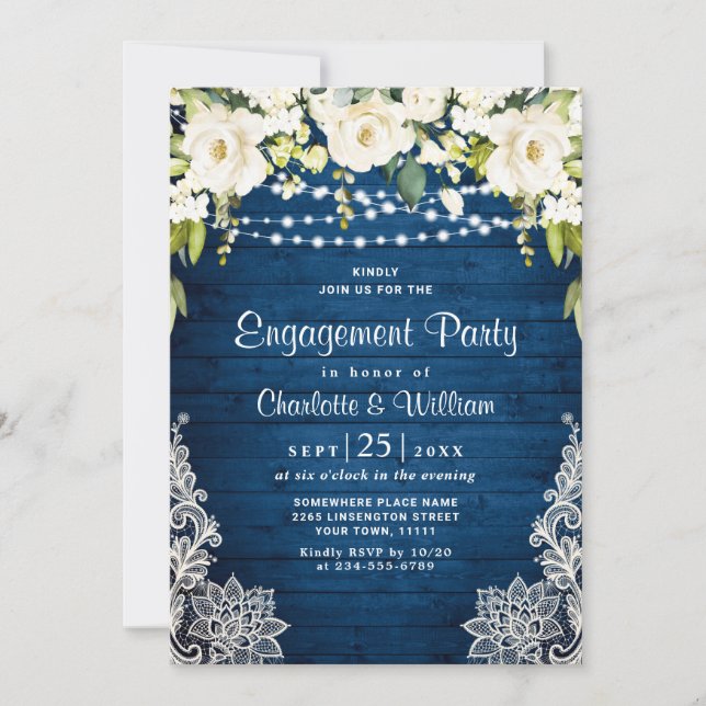 Elegant White Roses Lace Rustic Engagement Party Invitation (Front)
