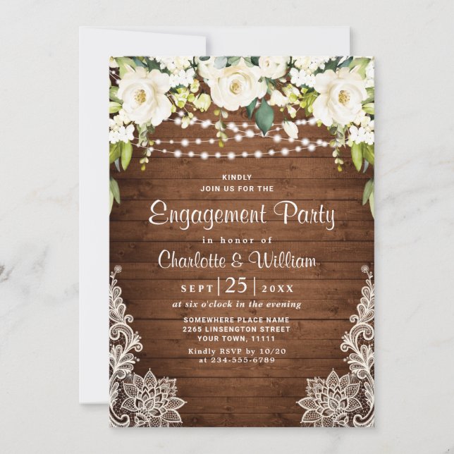 Elegant White Roses Lace Rustic Engagement Party Invitation (Front)
