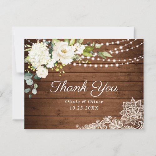 Elegant White Roses Lace Rustic Thank You Cards