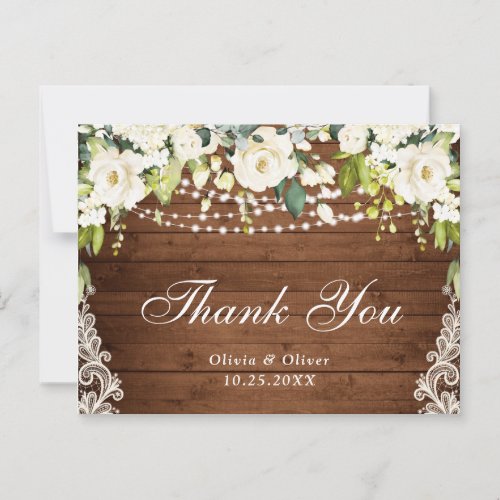 Elegant White Roses Lace Rustic Thank You Cards