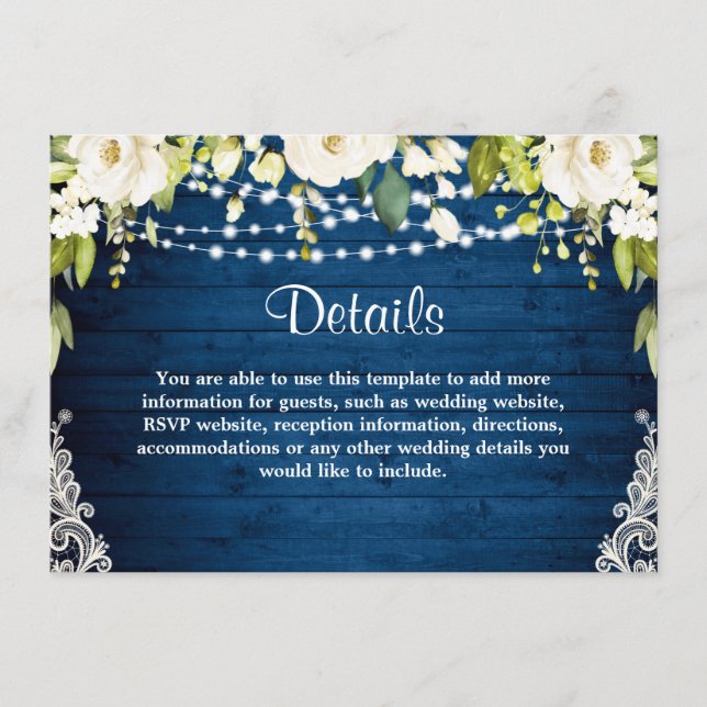 Elegant White Roses Lace Rustic Wedding Details Enclosure Card (Front)