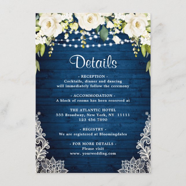 Elegant White Roses Lace Rustic Wedding Details Enclosure Card (Front)