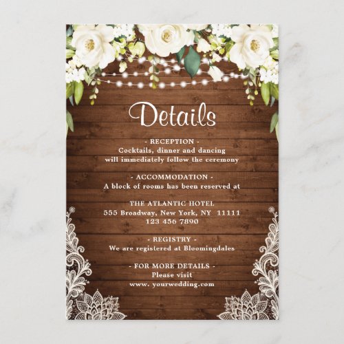 Elegant White Roses Lace Rustic Wedding Details Enclosure Card