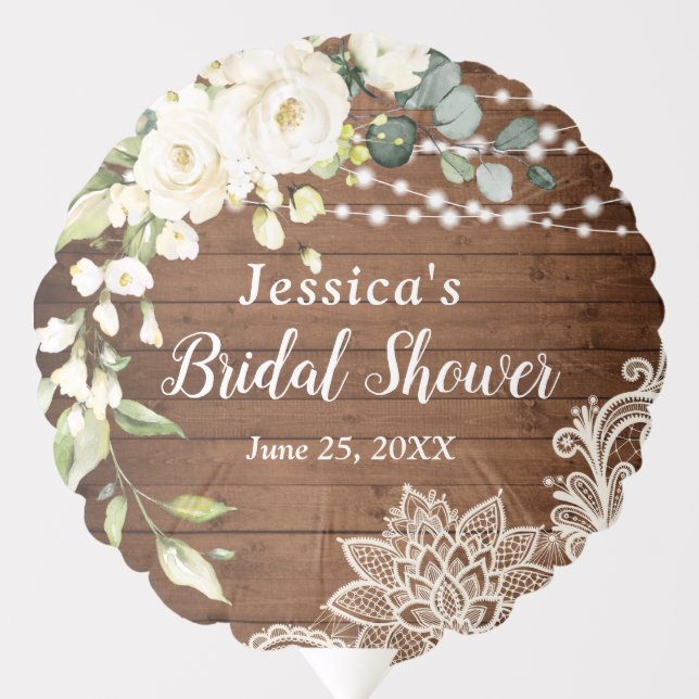 Elegant White Roses Lace Rustic Wood Bridal Shower Balloon (Front)