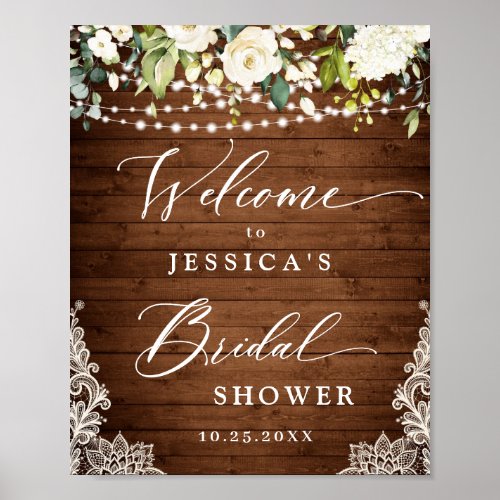 Elegant White Roses Lace Rustic Wood Bridal Shower Poster