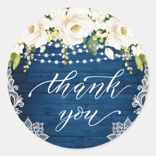 Elegant White Roses Lace Rustic Wood Thank You Classic Round Sticker