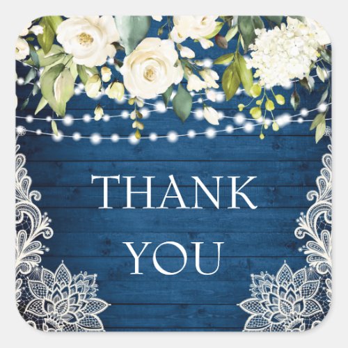 Elegant White Roses Lace Rustic Wood Thank You Square Sticker