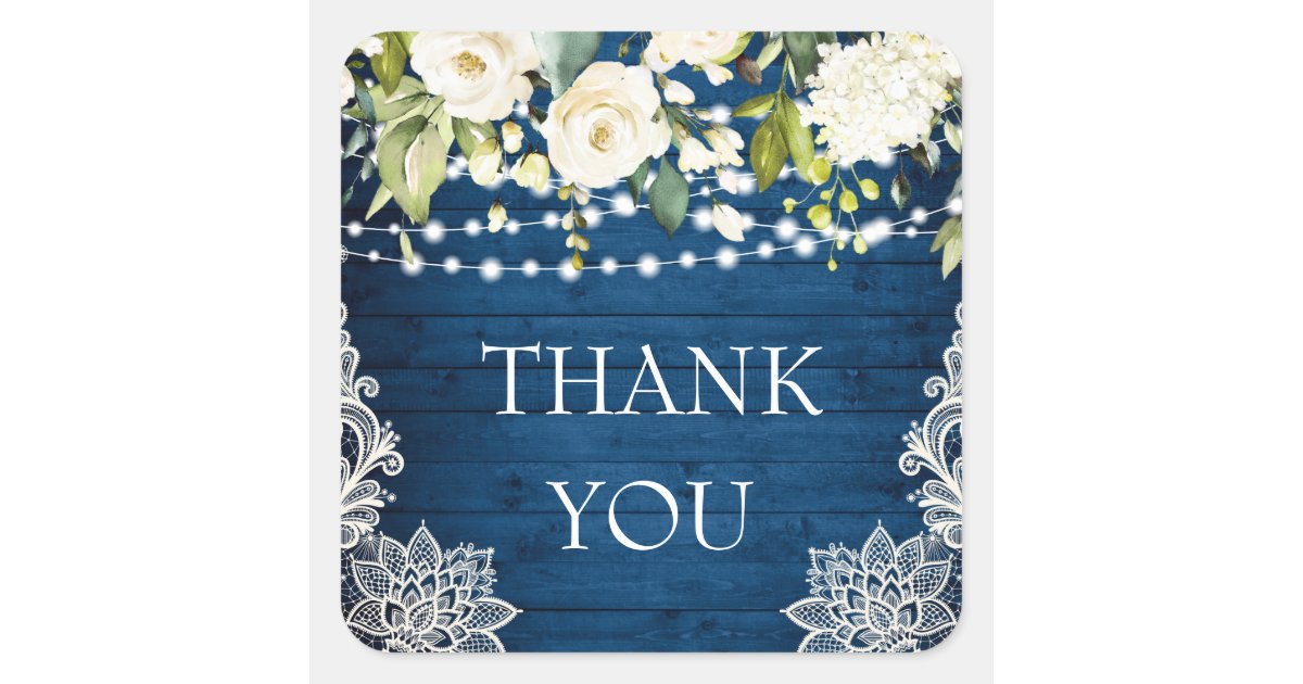 Elegant White Roses Lace Rustic Wood Thank You Square Sticker | Zazzle