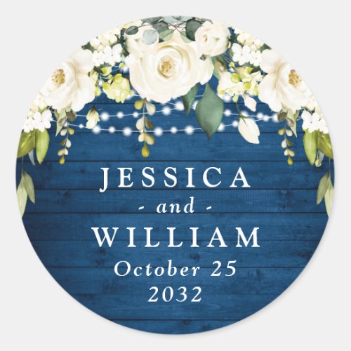 Elegant White Roses Lace Rustic Wood Wedding Classic Round Sticker