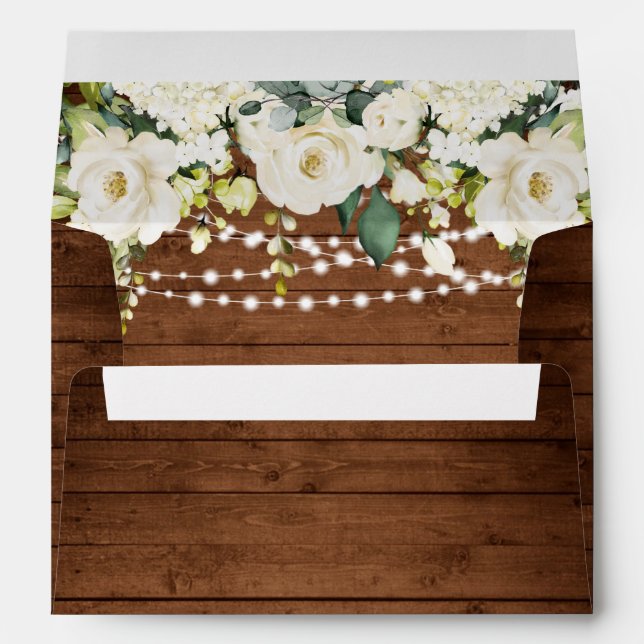 Elegant White Roses Lace Rustic Wood Wedding Envelope (Back (Bottom))