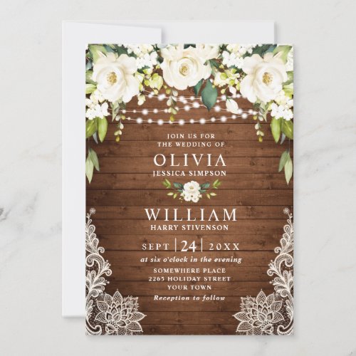Elegant White Roses Lace Rustic Wood Wedding Invitation