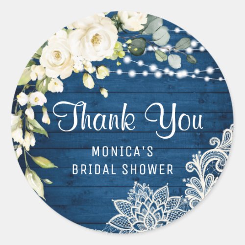 Elegant White Roses Lace Thank You Bridal Shower Classic Round Sticker