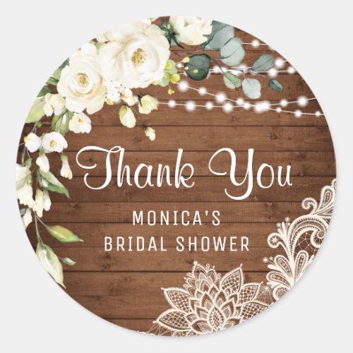 Elegant White Roses Lace Thank You Bridal Shower Classic Round Sticker