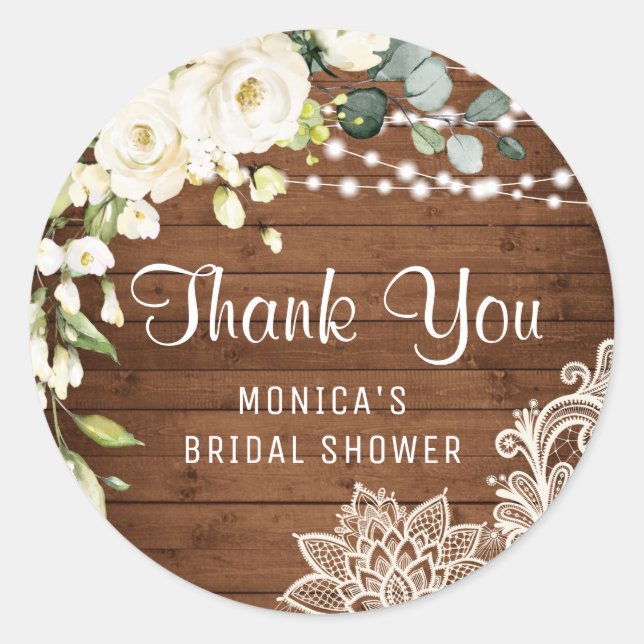 Elegant White Roses Lace Thank You Bridal Shower Classic Round Sticker (Front)