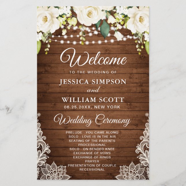 Elegant White Roses Lace Wedding Ceremony Program (Front)