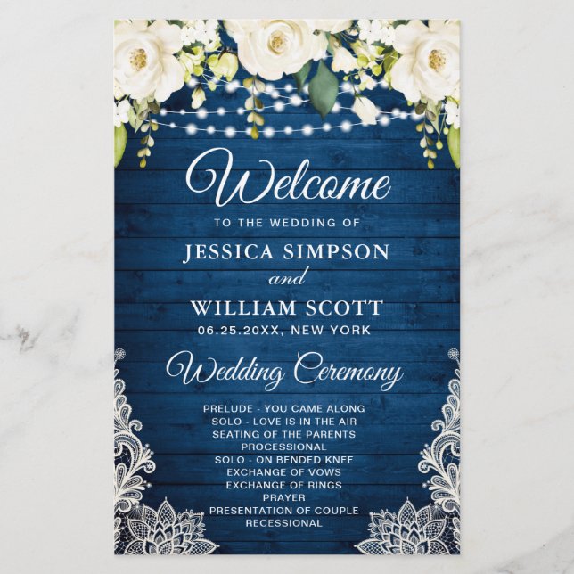 Elegant White Roses Lace Wedding Ceremony Program (Front)