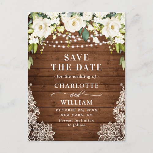 Elegant White Roses Lace Wedding Save the Date Postcard