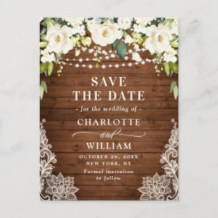 Elegant White Roses Lace Wedding Save the Date Postcard