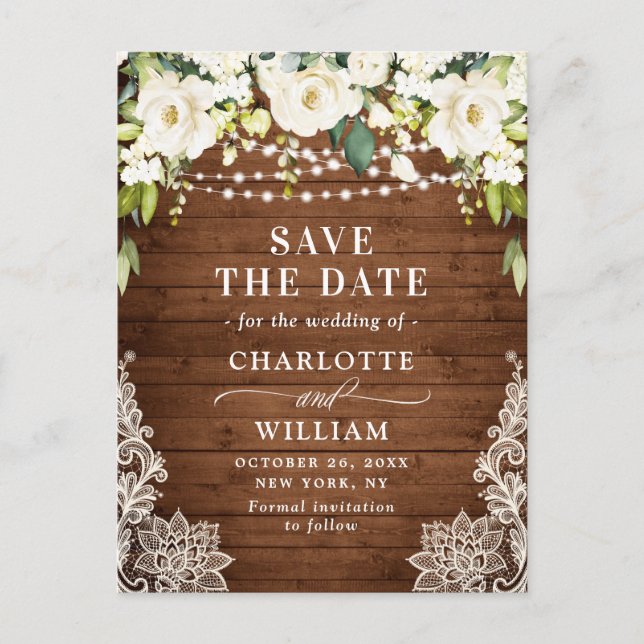 Elegant White Roses Lace Wedding Save the Date Postcard (Front)