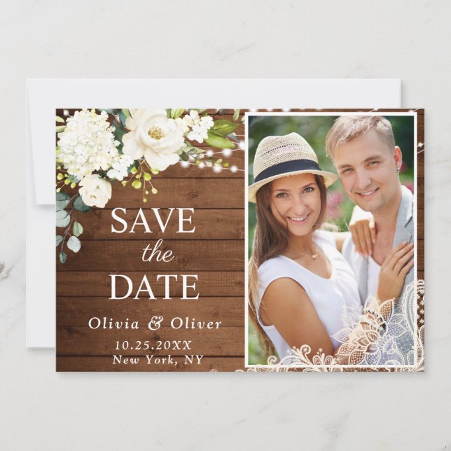 Elegant White Roses Lace Wood Rustic Wedding PHOTO Save The Date (Front)