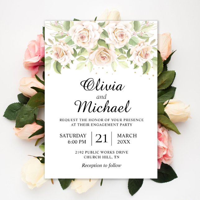 Elegant White Roses Minimalist Engagement Party Invitation (Creator Uploaded)