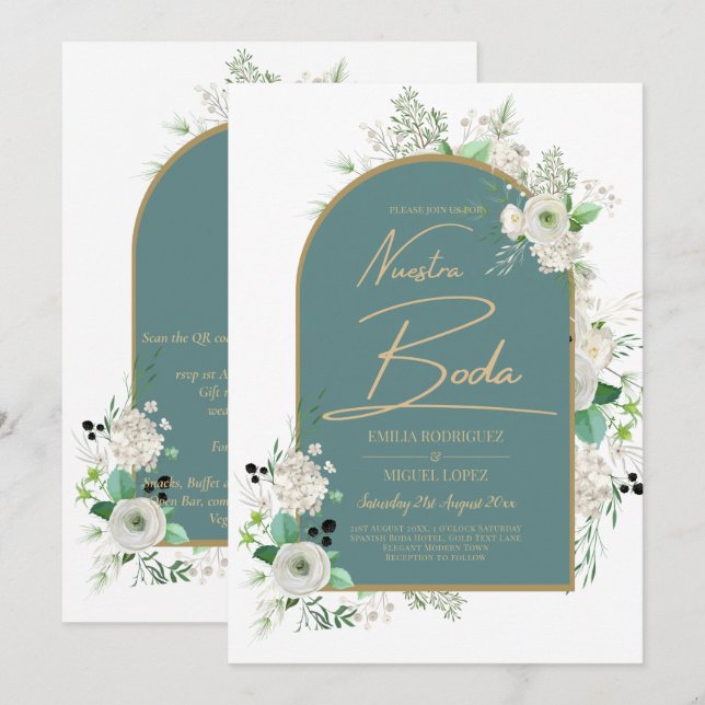 Elegant White Roses Nuestra Boda Spanish Wedding Invitation (Front/Back)
