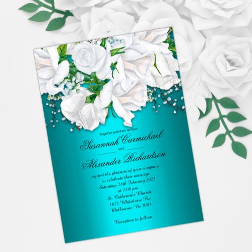 Elegant White Roses on Aqua Wedding Invitation