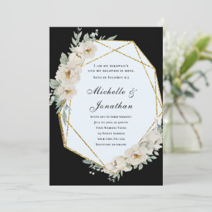 Elegant White Roses on Black Bible Verse Wedding Invitation