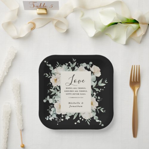 Elegant White Roses on Black Wedding Bible Verse Paper Plates