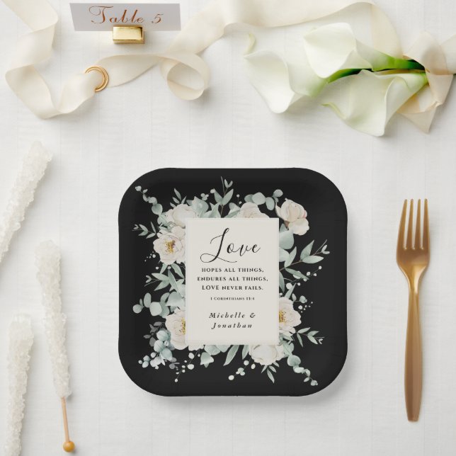 Elegant White Roses on Black Wedding Bible Verse Paper Plates (Wedding)
