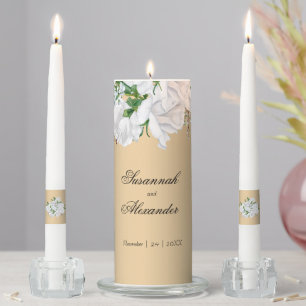 Elegant White Roses on Gold Wedding Unity Candle Set