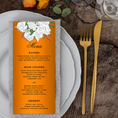 Elegant White Roses on Orange Wedding Menu